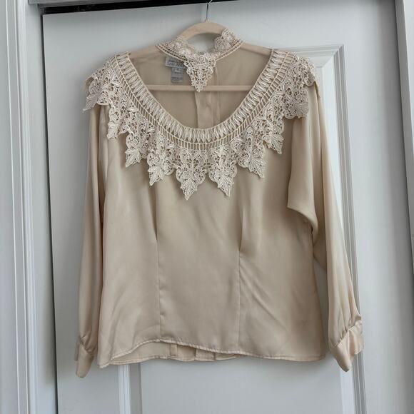 VTG Sonya Ratay San Andre Blouse High Neck Lace Ivory 80's 8 Ruffled Victorian - Picture 1 of 14